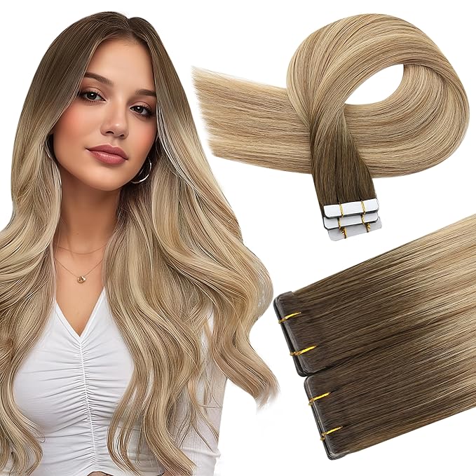Full Shine Machine Remy Virgin Extensions 22 Inch Intact Tape in Hair Extensions Human Hair Color 3 Brown Fading to 8 And 22 Blonde Soft Real Hair Extensions Tape in 25G 10Pcs for Women