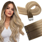 Full Shine Machine Remy Virgin Extensions 22 Inch Intact Tape in Hair Extensions Human Hair Color 3 Brown Fading to 8 And 22 Blonde Soft Real Hair Extensions Tape in 25G 10Pcs for Women