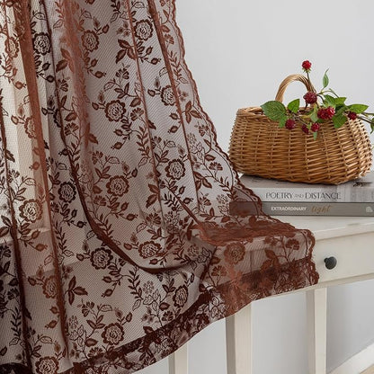 FINECITY Chestnut Brown Sheer Curtains Leaf Floral W42 x L36 Inch, 2 Panels | - Image 6