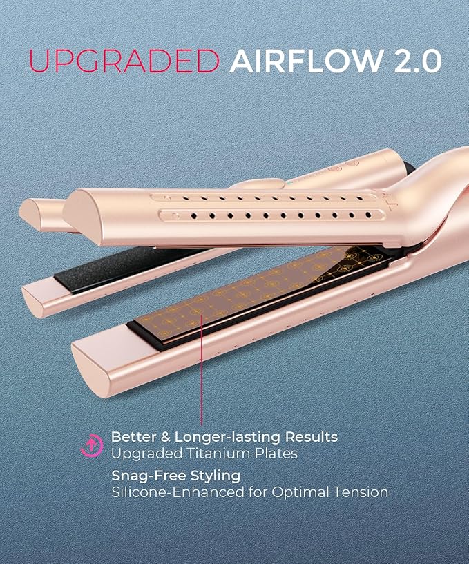 TYMO Airflow 2.0 Curling Iron Flat Iron - Hair Straightener and Curler 2 in 1, 1.25 Inch Curling Wand for Long Short Hair, Dual Voltage for Travel, 54 Million Ionic, Anti-Tangle, 5 Temps, Gold Blush
