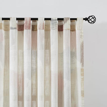 Kayne Studio Red Tan Boho Abstract Rod Pocket Semi Sheer Curtains 84 Inches | - Image 3