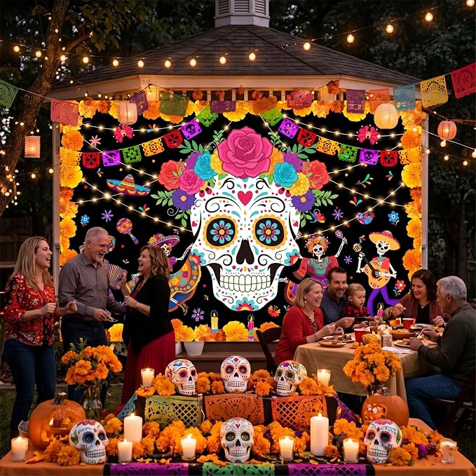 Day of The Dead Backdrop 59x39in Floral Sugar Skull Banner | Washable polyester - Image 8