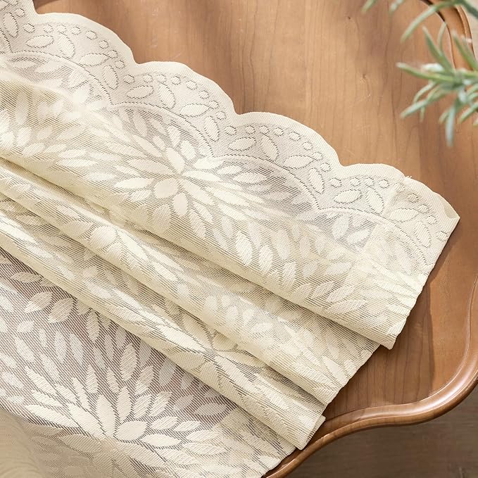 MIULEE Vintage Floral Scalloped Lace Curtains 2 Panels, Cream 52" W x 63" L | - Image 5