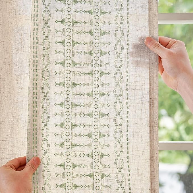 jinchan Boho Curtains for Bedroom Linen Blend Curtains Sage Green Embroidered - Image 3