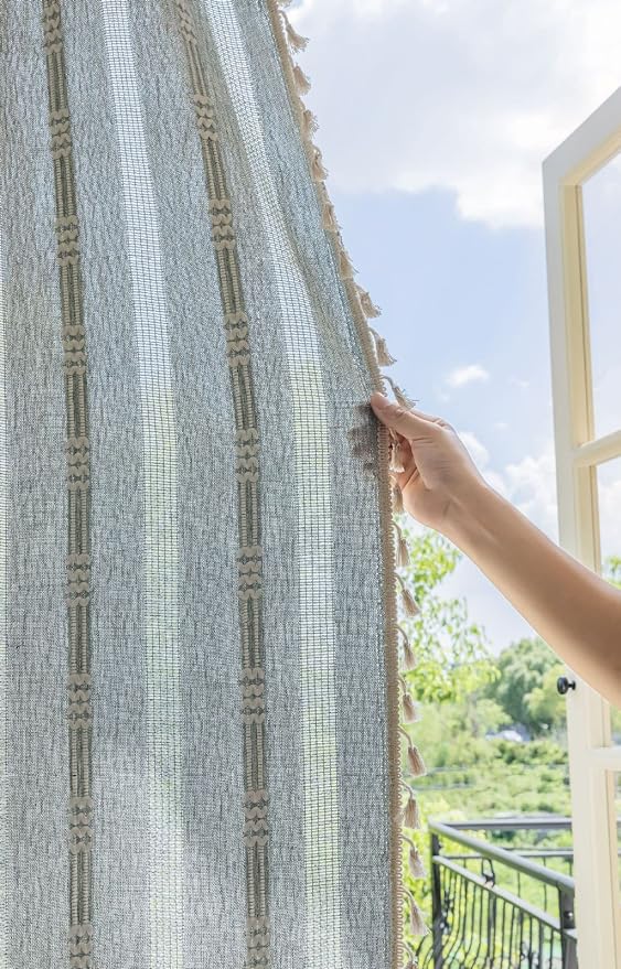 Boho Curtains for Bedroom Embroidery Striped Farmhouse Linen Curtains 63 Inch - Image 4