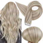 Full Shine Tape in Remy Hair Extension Color 18 Ash Blonde Highlighted 613 Bleach Blonde Hair Extensions Tape ins 14 Inch Double Sided Skin Weft Tape ins Human Hair Extensions 50g Seamless Hair 20Pcs
