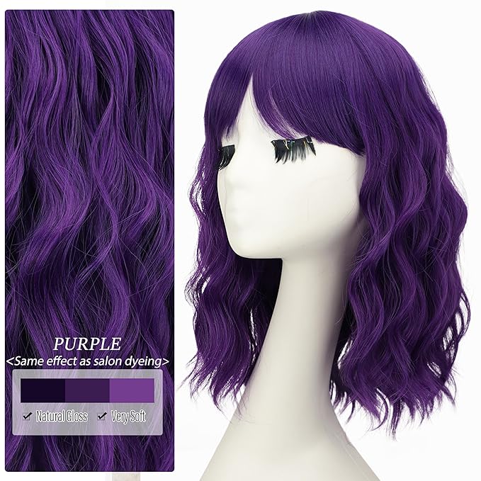 Nnzes Wig Bangs Natural Purple Short Wavy Hair for Women Natural Looking Heat Resistant Bob Wigs with Synthetic Wig for Daily Party Use