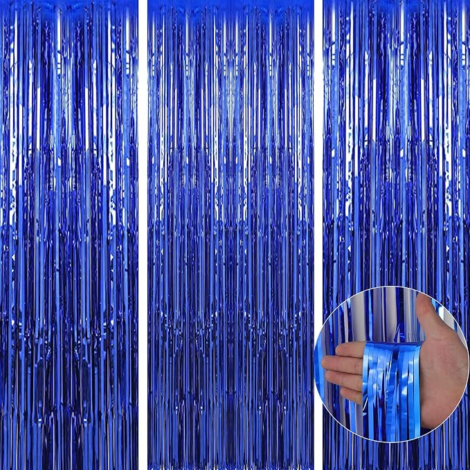 Birthday Party Decorations| 3 Pack 3.3 x 9.9 ft Blue Foil Fringe Curtains Party by TenLaitech