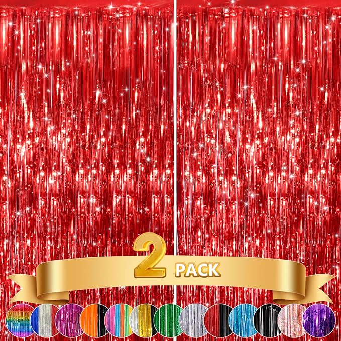 GCB 2 Pack Red Tinsel Backdrop, Fringe Curtains, Wedding Photo Backdrop Party - Image 5