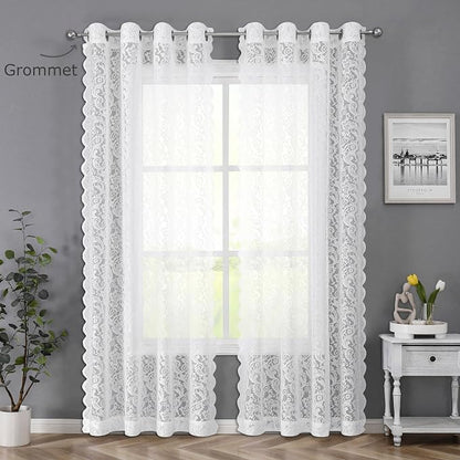 Bujasso White Sheer Lace Curtains 54 inch Vintage Floral Short Curtain Panels - Image 6