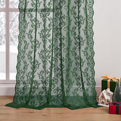 Dark Green Lace Curtains 96 Inches Long 2 Panels - Image 4