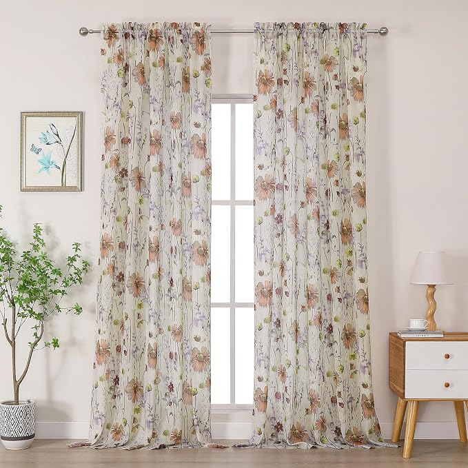 Printed Sheer Curtains 108 Inches Extra Long 2 Panels Set, Sheer Floral by OWENIE