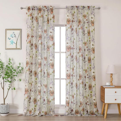 Printed Sheer Curtains 108 Inches Extra Long 2 Panels Set, Sheer Floral by OWENIE
