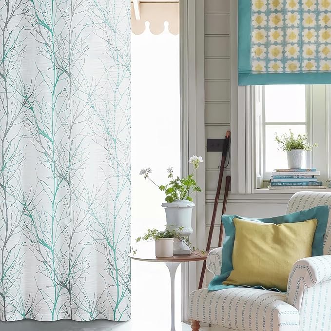 FMFUNCTEX Linen Aqua Blue White Semi Sheer Print Curtains 96 Inch 2 Panels | - Image 5
