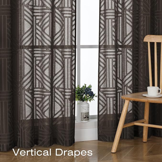 Simplebrand Chocolate Semi Sheer Curtains 54 Inch Length 2 Panels, Geometric - Image 5