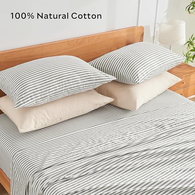 JELLYMONI 100% Natural Cotton Striped Pillowcases Set, 2 Pack White and Grey Stripes Pattern Printed Pillow Covers with Envelope Closure(Pillows are not Included)(King(20×40inches))