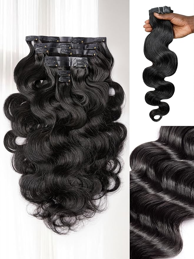 LUVME Clip in Hair Extensions Thick Body Wavy Hair Extensions, Natural Black 135g 7pcs 22 Inch, Real Hair Clip in Human Hair for Women