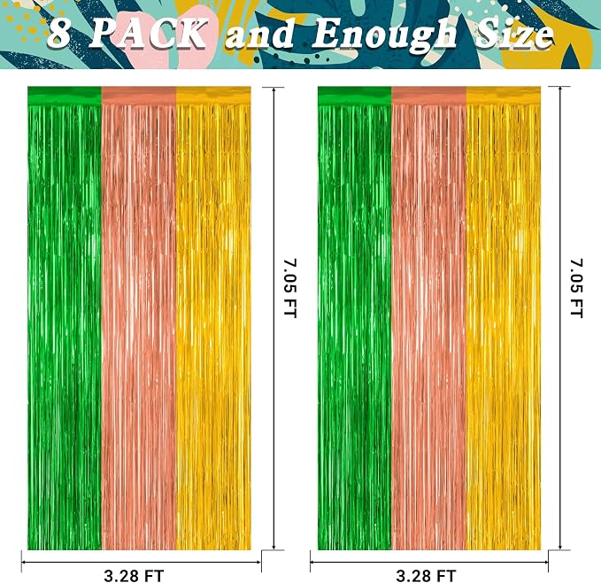 ZATAYE 8 Pack Green Brown Yellow Hawaiian Luau Foil Curtain Decorations | Green - Image 2