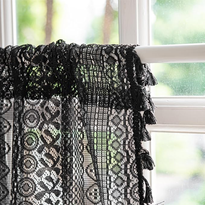 Sutuo Home Black Boho Valance Curtains Crochet Lace Sheer Bohemian Hollow - Image 5