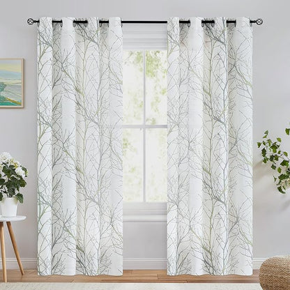 FMFUNCTEX Linen Sage Green White Semi Sheer Print Curtains 72 Inch 2 Panels | - Image 2