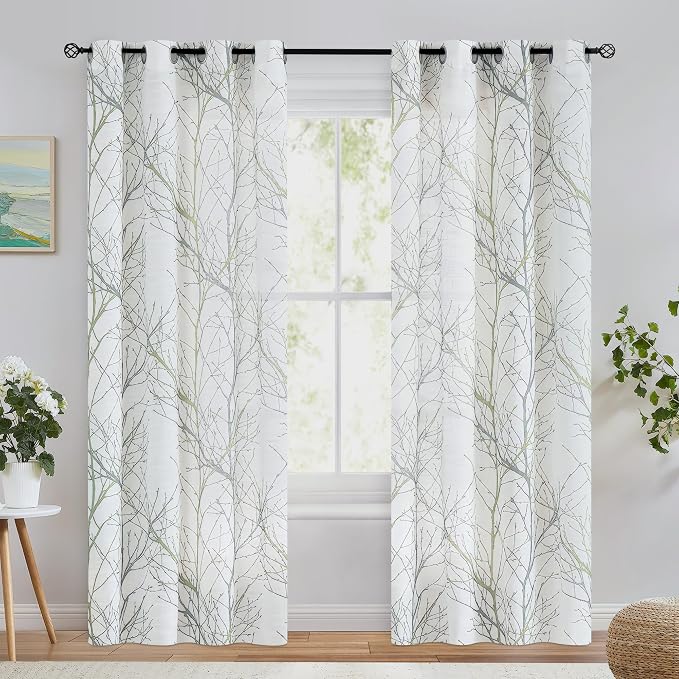 FMFUNCTEX Linen Sage Green White Semi Sheer Print Curtains 84 Inch 2 Panels | - Image 2