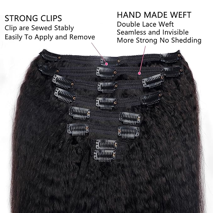28 Inch Kinky Straight Clip In Hair Extensions Real Human Hair Kinky Straight Clip Ins #1B Natural Color Clip on Hair Extensions 8pcs with 18Clips Per Set 120g