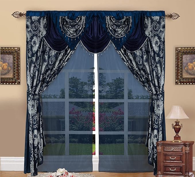 GLORY RUGS Jacquard Luxury Window 2 Panel Set Navy Curtain - Image 2