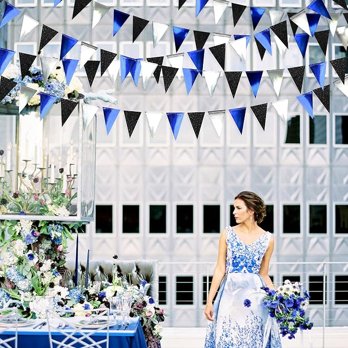 30Ft Navy Blue Black and Silver Party Decorations Royal Blue Triangle Flag - Image 5