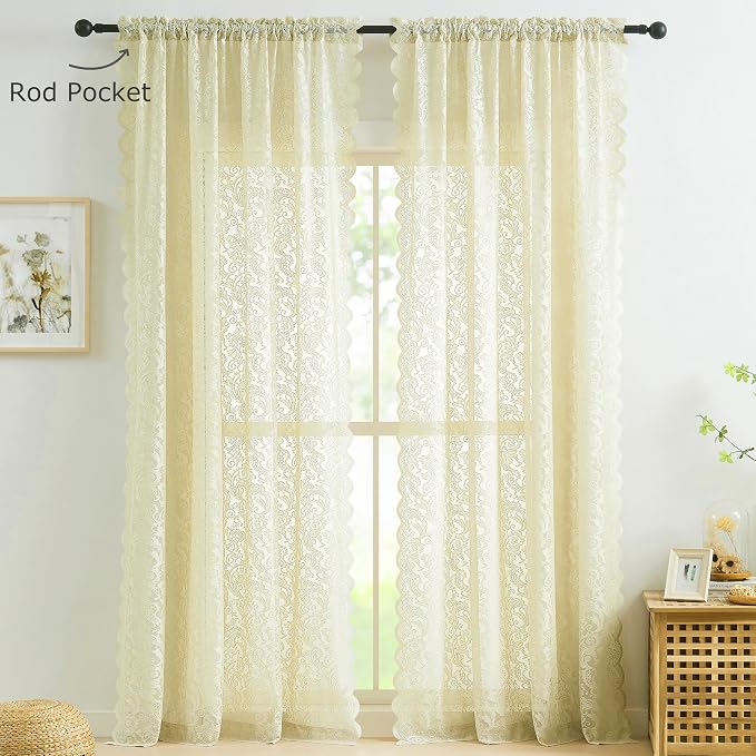 Bujasso Ivory Sheer Lace Curtains 63 inch Vintage Floral Sheer Window Curtain - Image 7