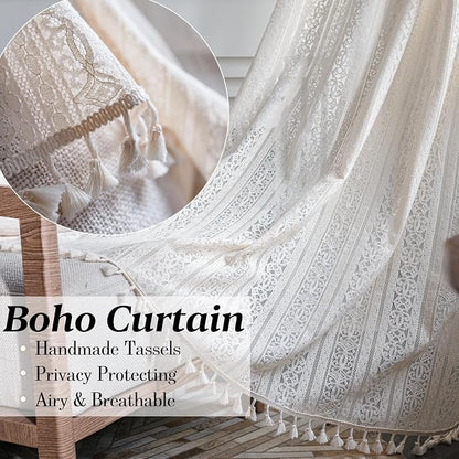 Sutuo Home Boho Curtain Crochet Lace Semi-Sheer Florals Hollow Knitted Handmade - Image 3