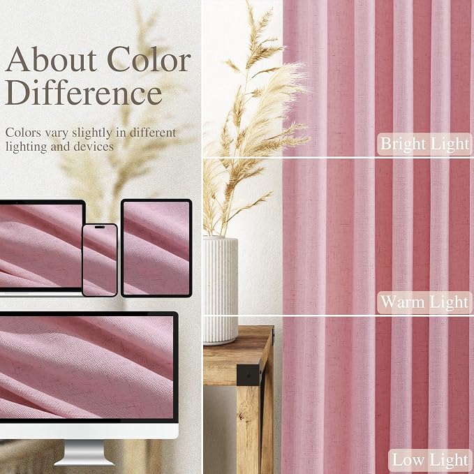 Rose Linen Curtains 102 Inches Long 2 Panel Set Back Tab Rod Pocket Semi Sheer - Image 3