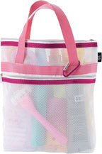 S&T INC. Mesh Shower Caddy, Shower Bag for Dorm Room Essentials, Gym Bag, Camping and More, Two Zippered Pockets, White and Pink, 10 Inches x 10 Inches