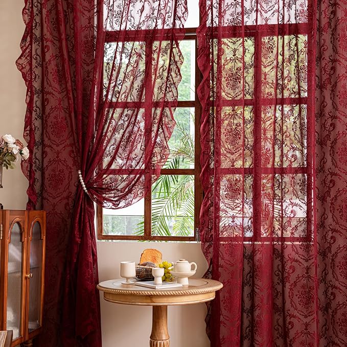 Deeprove Boho Lace Sheer Burgundy Curtains - Image 2
