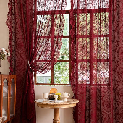Deeprove Boho Lace Sheer Burgundy Curtains - Image 2