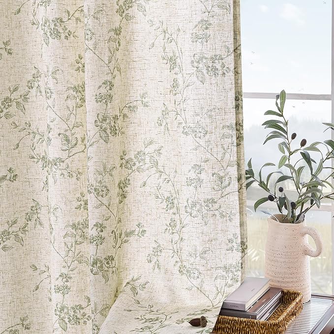 Green Vintage Floral Linen Curtains Farmhouse 38W X 84L 2 Panels | Elisa Series - Image 8