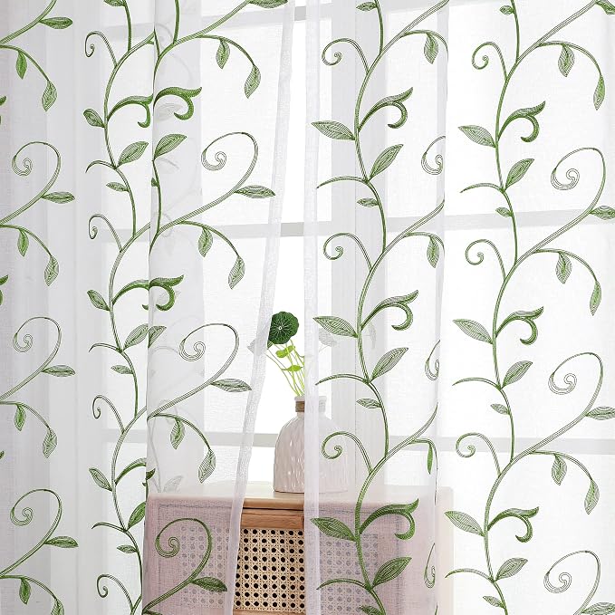 White Sheer Curtains Green Embroidered Leaves 2 Panels 54Wx108L | Light - Image 6