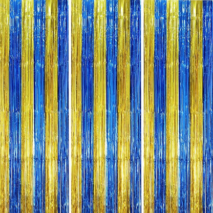 Voircoloria Blue Gold Foil Fringe Backdrop Curtains, 3 Pack | Tinsel Streamers by Voircoloria