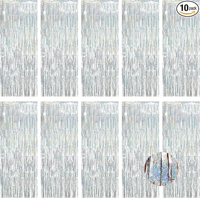 10 Pack Silver Foil Curtain Backdrop 3.2ft x 9.8ft Metallic Tinsel Foil Fringe by Ohiyoo