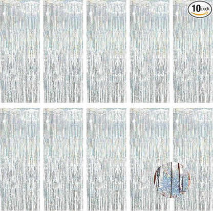 10 Pack Silver Foil Curtain Backdrop 3.2ft x 9.8ft Metallic Tinsel Foil Fringe by Ohiyoo