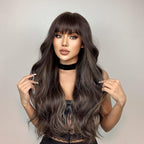EMMOR Ombre Brown Wigs for Women Long Curly Wigs with Bangs Wave Heat Resistant Synthetic Wigs Soft Natural Looking