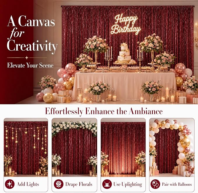ShinyBeauty Sequin Backdrop 2 Panels 4x7ft Burgundy - Image 6