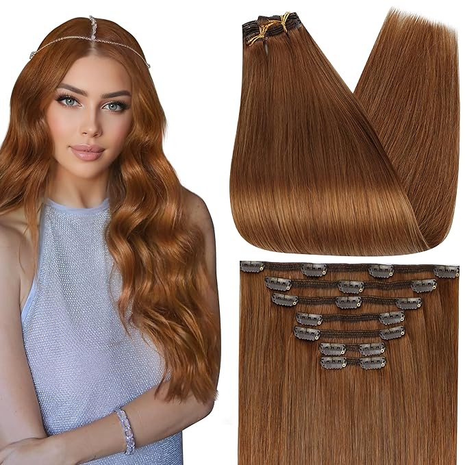 Full Shine Auburn Clip in Hair Extensions Human Hair 24 Inch Real Human Hair Extensions Clip ins Auburn for Long Hair for Sports 7 Pcs 120 G