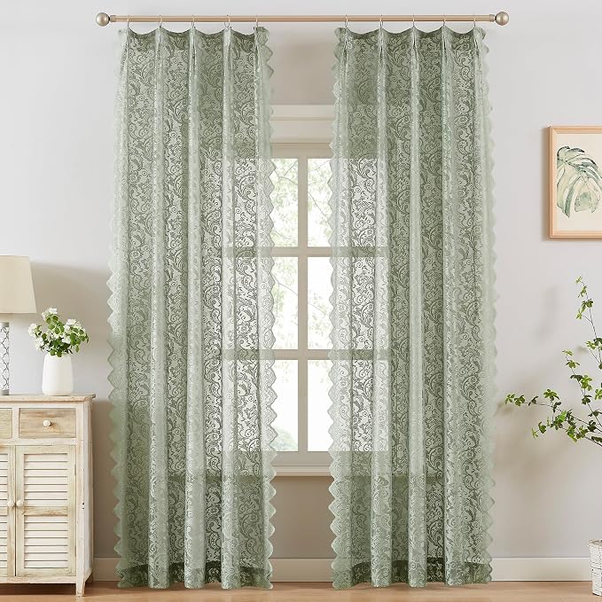 Bujasso Sage Green Lace Pinch Pleat Curtains 102 inch, Vintage Floral Sheer by Bujasso