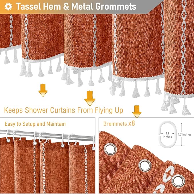48 x 72 Boho Linen Heavy Duty Cloth Shower Curtain Set, Burnt Orange | Stall - Image 5