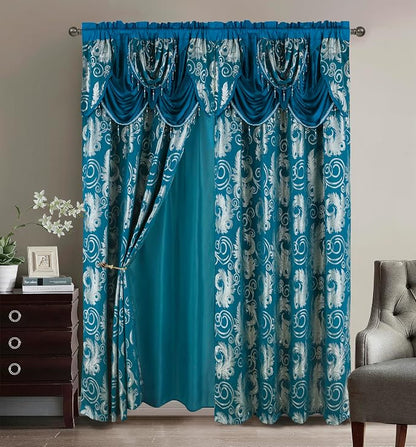 GLORY RUGS Jacquard Luxury Window 2 Panel Set Turquoise Curtain by GLORYRUGS