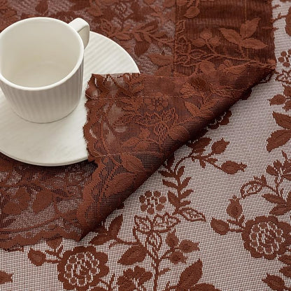 Chestnut Brown Sheer Lace Curtains Leaf Floral W42 x L45 Inch, 2 Panels | Rod - Image 8