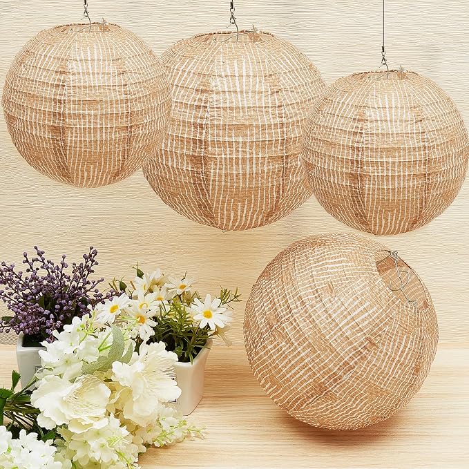 12 Pcs Print Burlap Paper Lanterns Round Chinese Paper Lanterns Farmhouse Boho - Image 4
