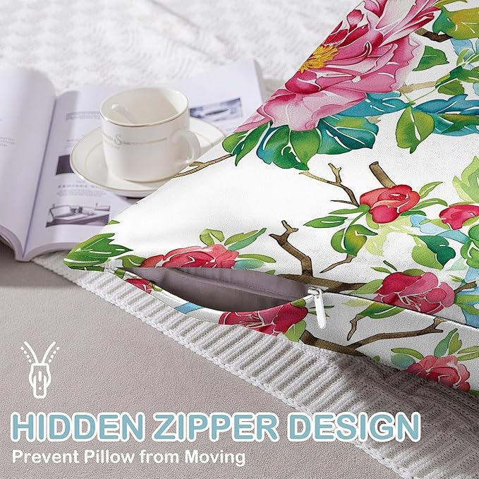 Satin Pillowcase 1 Pack-Pink Roses Flowers and Red Birds Silky Pillow Cover for Hair and Skin,King Size 20x36 Inch Soft Cooling Printed Pillow Cases with Hidden Zipper,Gifts for Women Men