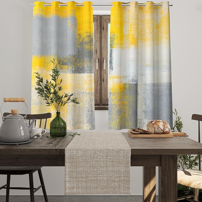 Yellow Window Curtain Yellow Grey Abstract Thermal Insulating Drapes Rust Art - Image 4