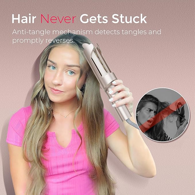 Upgraded Automatic Rotating Curling Iron - TYMO CurlPro Plus Long Barrel Curling Wand for Long Hair, Ceramic Hair Curler for Women, Anti-Scald, Tangle-Free, 600M Ionic, Dual Voltage, Gold, 1 Inch